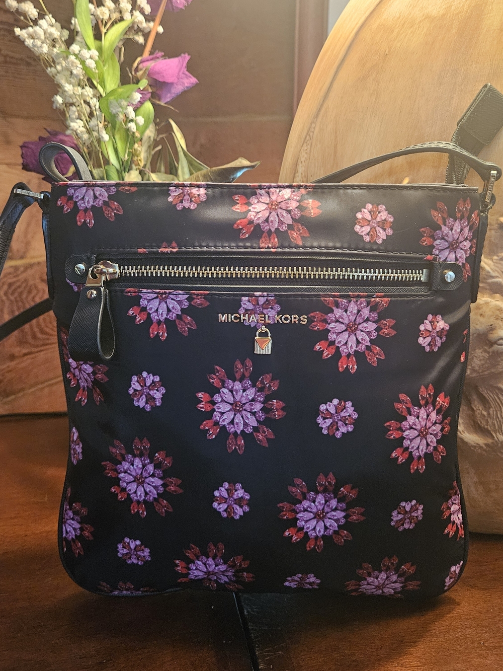Michael Kors Black Floral Crossbody Bag - Purple & Pink Floral